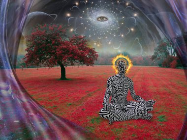 Nilüfer çiçeğiyle meditasyon yapan bir adam gerçeküstü bir ortamda poz verir. Gökyüzündeki tüm gözler