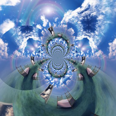 Açık kapılı bir manzara gibi hayal et. 3B görüntüleme