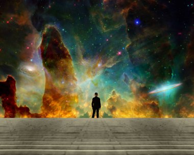 Gökyüzünün altında renkli nebulasıyla yürüyen bir adam. 3B görüntüleme