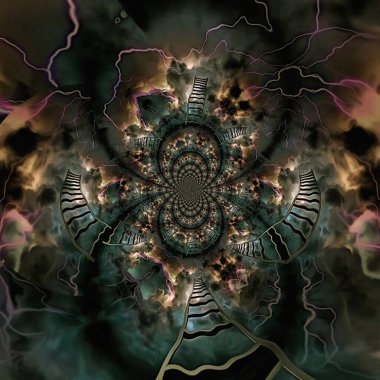 Fırtınalı gökyüzündeki merdiven. 3B görüntüleme