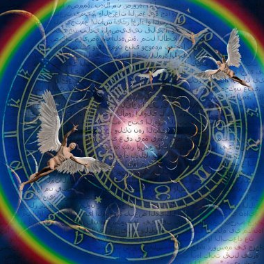 Zamanda yolculuk yapan melekler. 3B görüntüleme