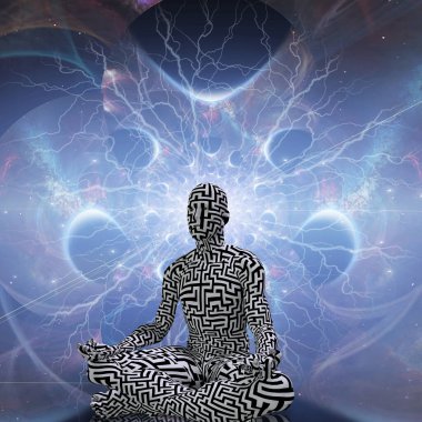 Meditasyonun gücü. Lotus pozu veren adam. 3B görüntüleme