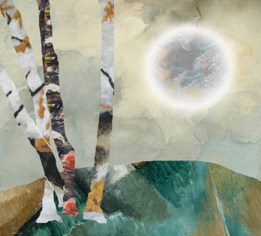 Soyut doğa. Ağaçlar ve parlak gezegen. 3B görüntüleme