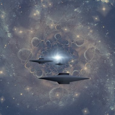 Uzay geçidinde uçan daireler. 3B görüntüleme