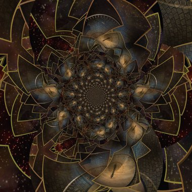 Sürrealizm. Adam cennete giden yolda yürüyor. 3B görüntüleme