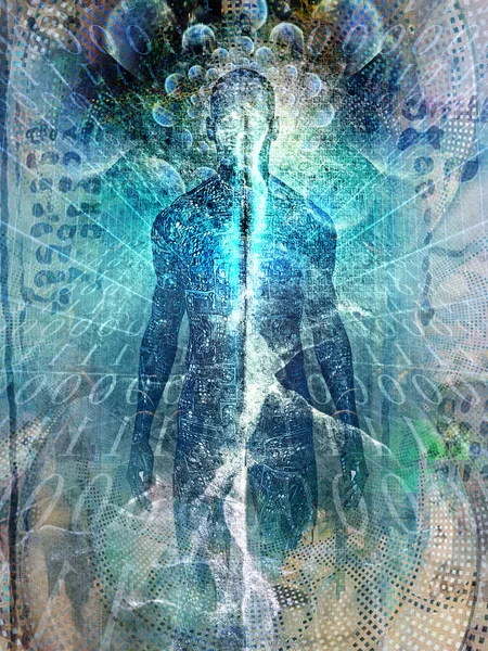 Future Man Spirit Emerges Digital Space Soul Aura Binary Code — Stock Photo, Image