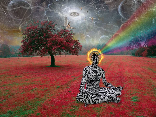 Man Meditates Lotus Pose Surreal Landscape All Seeing Eye Sky — Stock Photo, Image