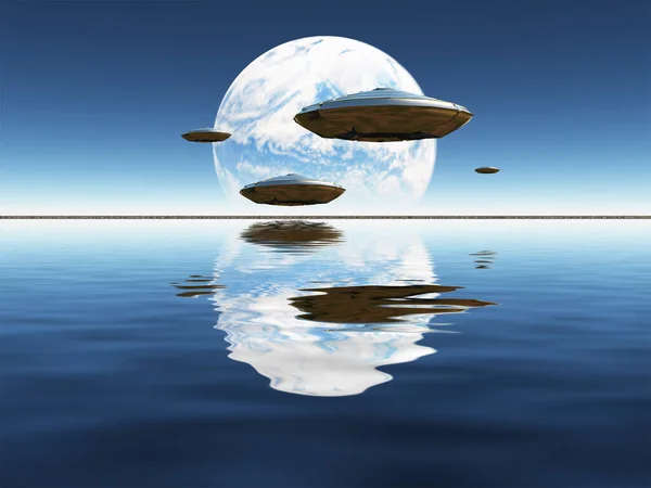 Niebieska Planeta Widziana Oddali Ufo — Zdjęcie stockowe