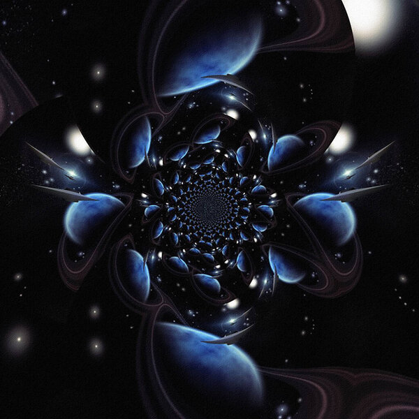 Fractal space with planets. 3D rendering