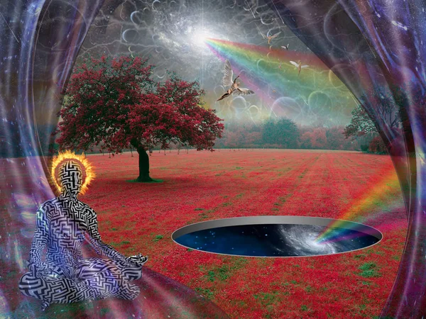 Człowiek Medytuje Lotosowej Pozie Surrealistycznym Krajobrazie Anioły Niebie — Zdjęcie stockowe