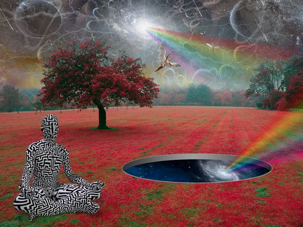 Människan Mediterar Lotus Poserar Surrealistiska Landskap Änglar Skyn — Stockfoto