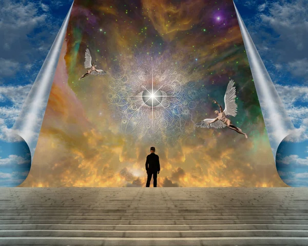 Man Steg Overklig Himmel Med Färgglada Nebulosa Rendering — Stockfoto
