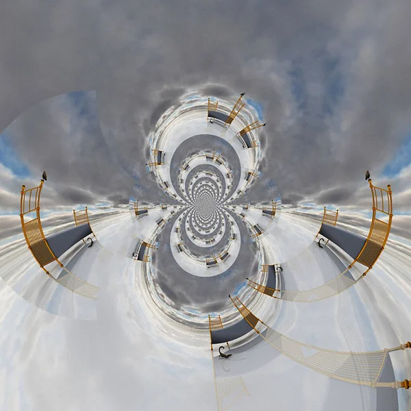 Gerçeküstü bir manzarada yatak. 3B görüntüleme