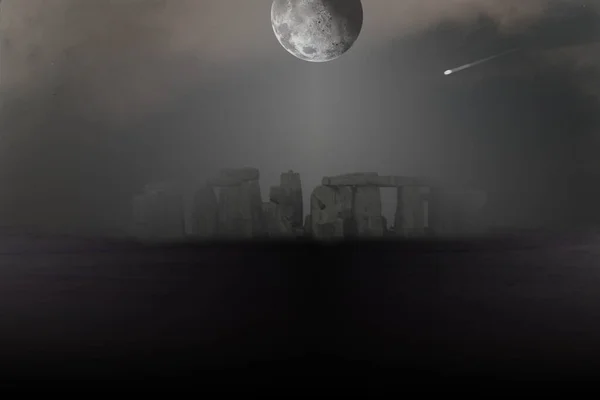 Paisaje Surrealista Stonehenge Niebla Luna Llena Cielo Renderizado —  Fotos de Stock