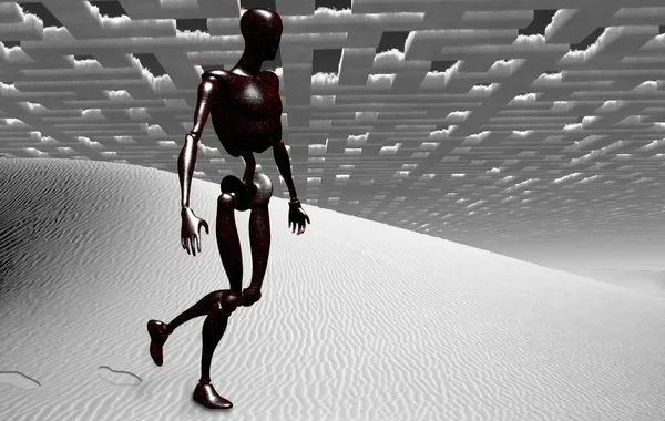 Obcy Robot Surrealistycznej Białej Pustyni Renderowanie — Zdjęcie stockowe