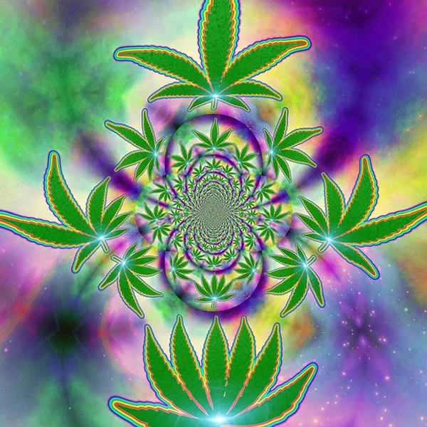 Pintura Abstracta Fractal Redondo Espejado Con Hoja Marihuana Renderizado — Foto de Stock