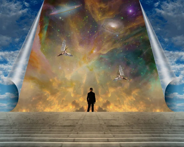 Man Steps Surreal Sky Colorful Nebula Rendering — Stock Photo, Image