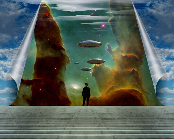 Flying saucers in surreal sky. 3D rendering