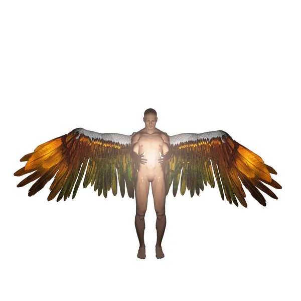 Winged Angel Being Holds Divine Light Isolated White — Stock Photo, Image