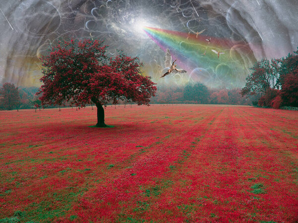 Angels fly in the sky in a surrealistic landscape. 3D rendering