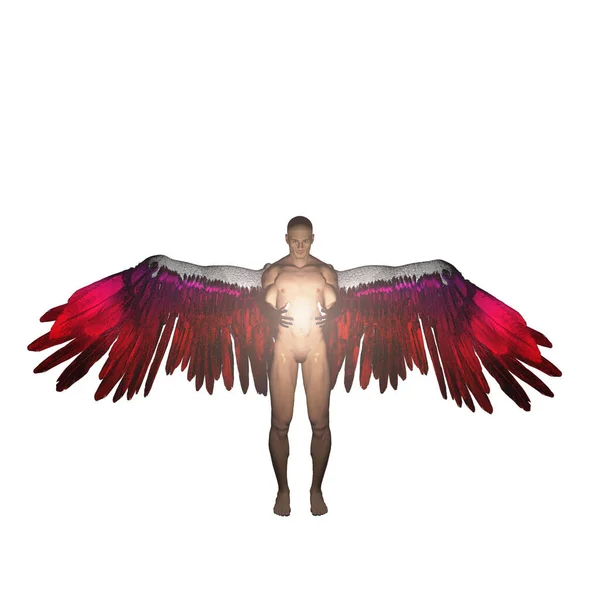 翼を持つ天使は神の光を持つ 白に隔離された — ストック写真