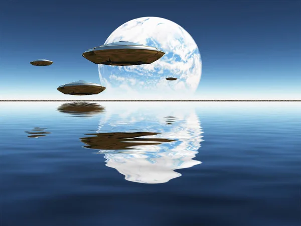 Blue Planet Seen Distance Ufos — 图库照片