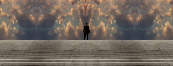 Man Black Suit Surreal Sky — Stock Photo, Image