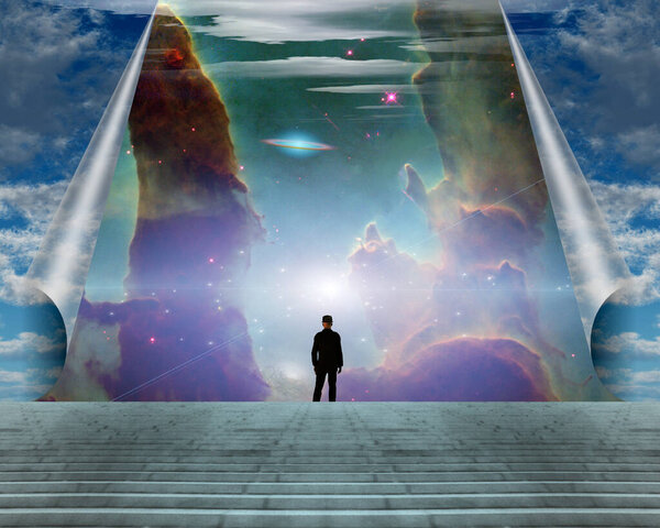 Man on steps under surreal sky with colorful nebula. 3D rendering