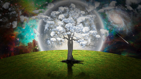 Surreal nature. Tree with clouds. 3D rendering