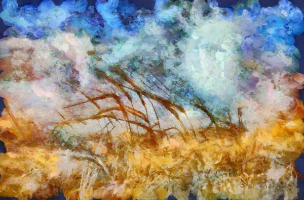 Surreal Painting Field Wheat Full Moon Sky — Stock Photo, Image