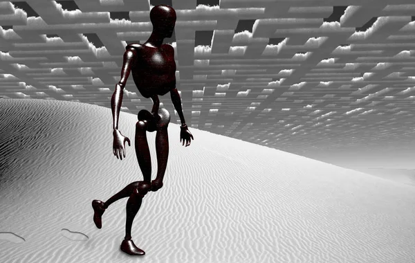 Idegen Robot Szürreális Fehér Sivatagban Renderelés — Stock Fotó