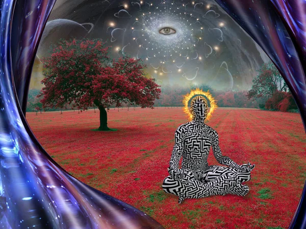 Man Meditates Lotus Pose Surreal Landscape All Seeing Eye Sky — Stock Photo, Image