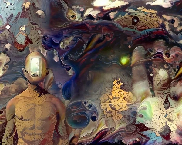 Сюрреалистичная Картина Человек Открытой Дверью Вместо Лица Лампочка Ветке Дерева — стоковое фото