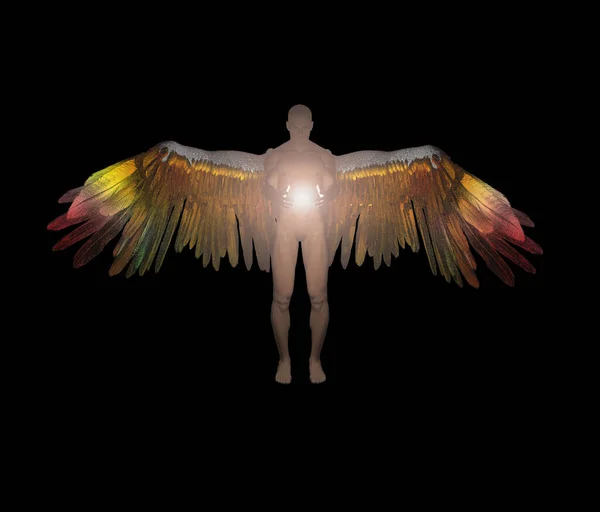 Winged Angel Being Holds Divine Light Isolated Black — Stock Photo, Image