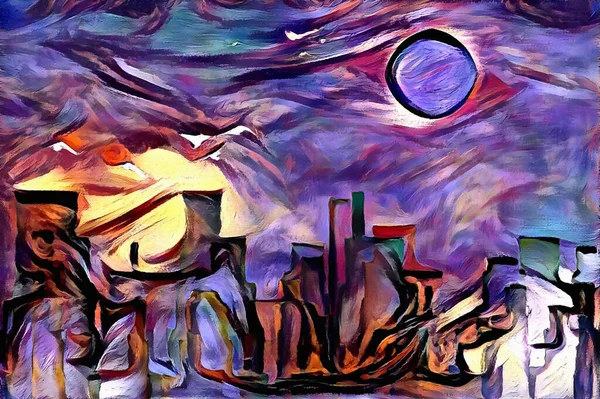 Mond Über Magischer Stadt Abstraktes Hecheln — Stockfoto