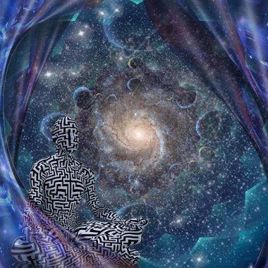 Meditasyonun gücü. Lotus pozu veren adam. 3B görüntüleme