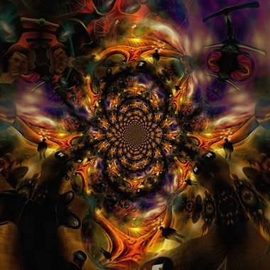 Karmaşık sürreal resim. İçinde düşünceler olan insanların kafaları. Kafasında ampuller olan bir iş adamı sahada duruyor. Adam kırmızı şemsiyeyle uçuyor. 3B görüntüleme