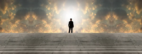 Man Black Suit Surreal Sky — Stock Photo, Image