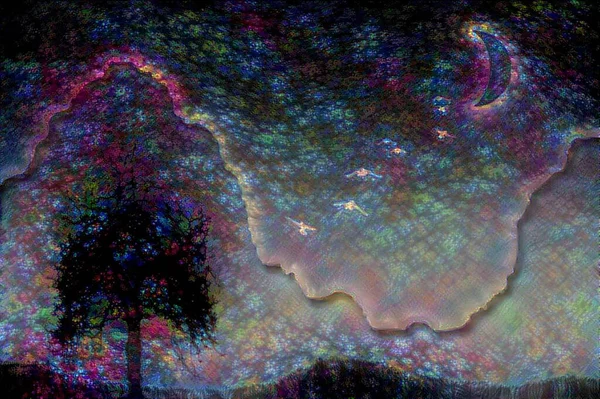 抽象艺术 树和月亮 3D渲染 — 图库照片