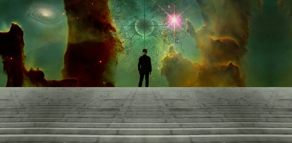 人站在天外的台阶上 布满了五彩缤纷的星云 3D渲染 — 图库照片