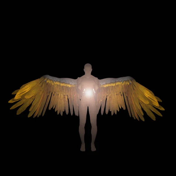 Okřídlený Anděl Drží Božské Světlo Izolováno Černé — Stock fotografie