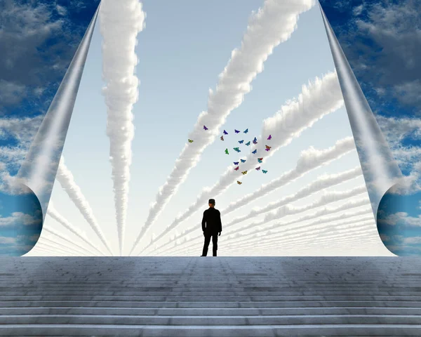 Man Black Suit Surreal Sky — Stock Photo, Image