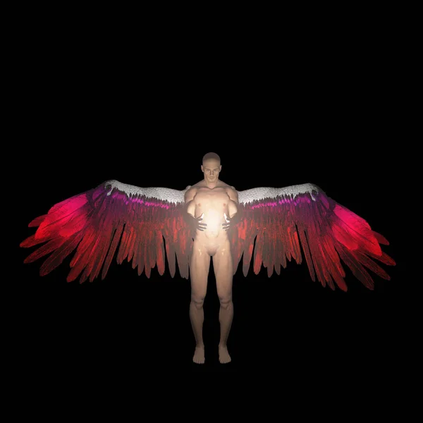 stock image Winged angel being holds divine light. Isolated on black