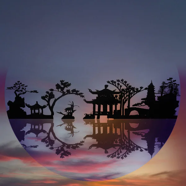 Silhouette Asiatiche Notturne Giardino Giapponese — Foto Stock