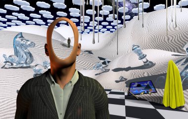 Satranç figürleriyle gerçeküstü çöl. Takım elbiseli meçhul adam. Uzakta duran bir insan figürü. Resim, fırça ve boya. Türbanlı adam figürü.