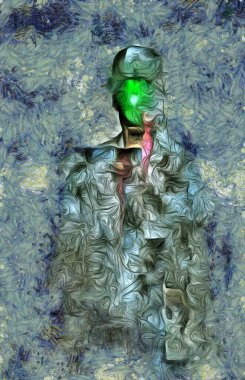 Gerçeküstü resim. Takım elbiseli bir adam ve yüz yerine elmalı melon şapka. Magritte biçimi.
