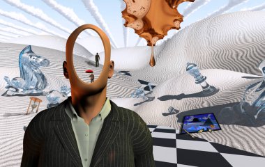 Satranç figürleri ve kum saatiyle gerçeküstü çöl. Takım elbiseli meçhul adam. Uzakta duran bir insan figürü. Resim, fırça ve boya. Dali tarzında erimiş saat.