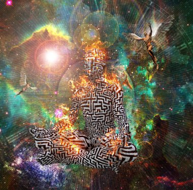 Sürrealizm. Lotus 'ta alevler içinde duran labirent desenli bir insan figürü. Kanatlı çıplak adamlar melekleri temsil eder. 3 boyutlu görüntüleme. NASA 'nın sağladığı bazı unsurlar.