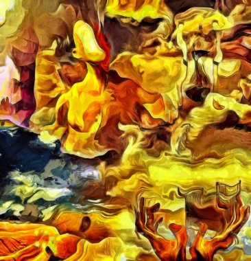 Karmaşık sürreal resim. Yüzü, insan elleri, yatağı ve kum saati yerine açık kapısı olan çıplak bir adam gökyüzünde. Kafasında ampuller olan bir adam tarlada duruyor..