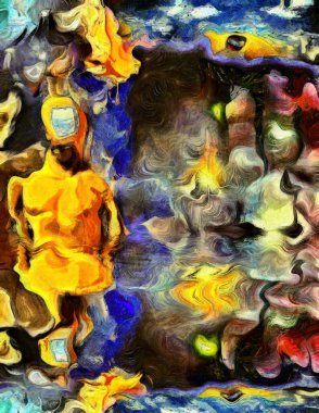 Karmaşık sürreal resim. Yüzü yerine açık kapısı olan çıplak bir adam. Salvador Dali tarzında erimiş saat. Tanrı 'nın gözü.